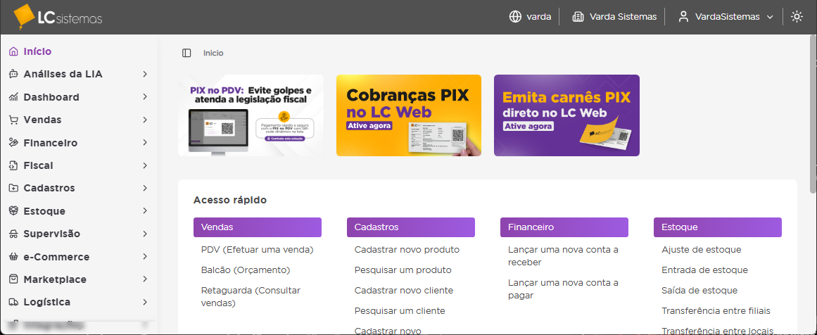 Tela do sistema LcWeb